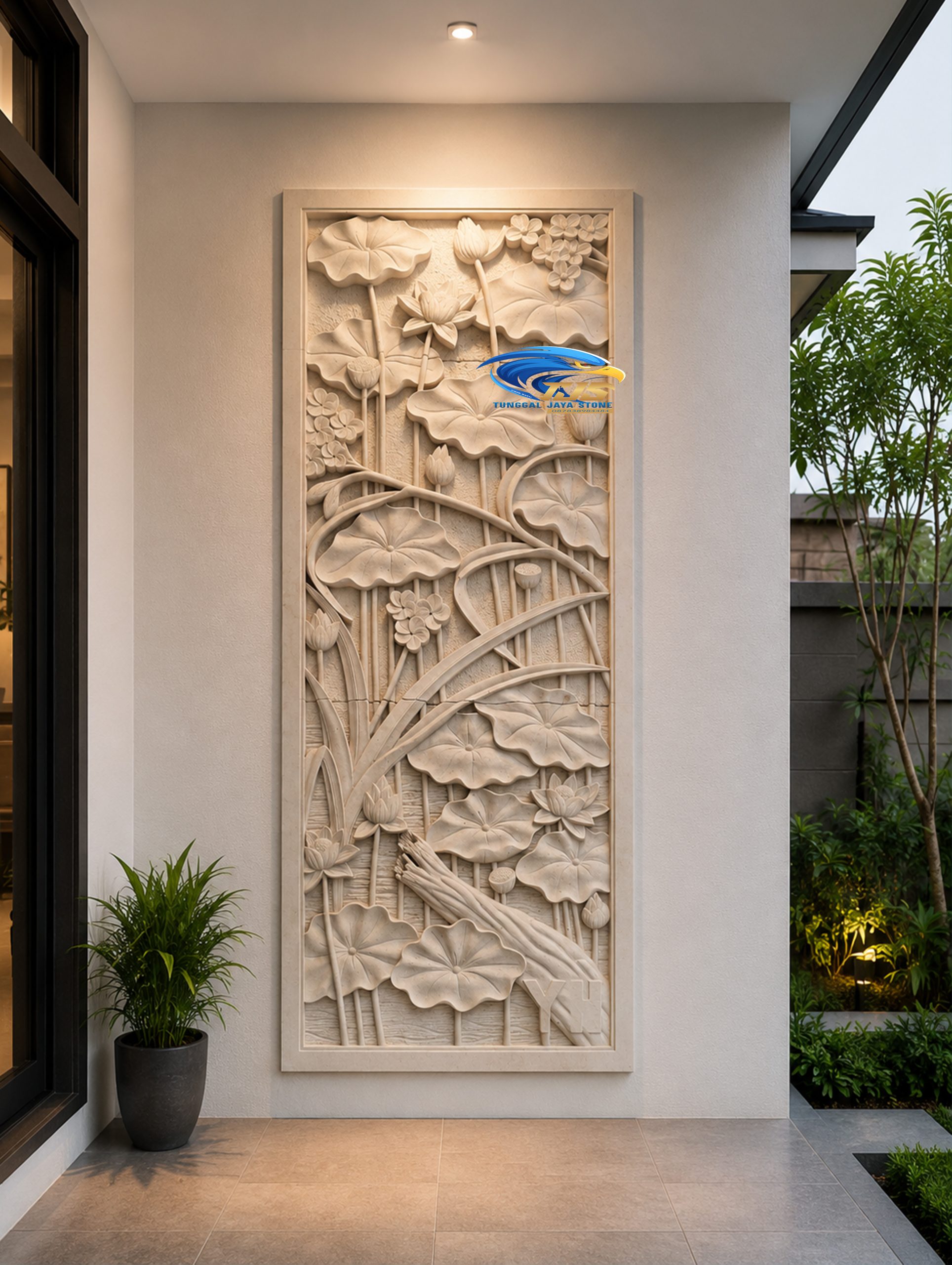 batu alam ornamen motif bunga teratai