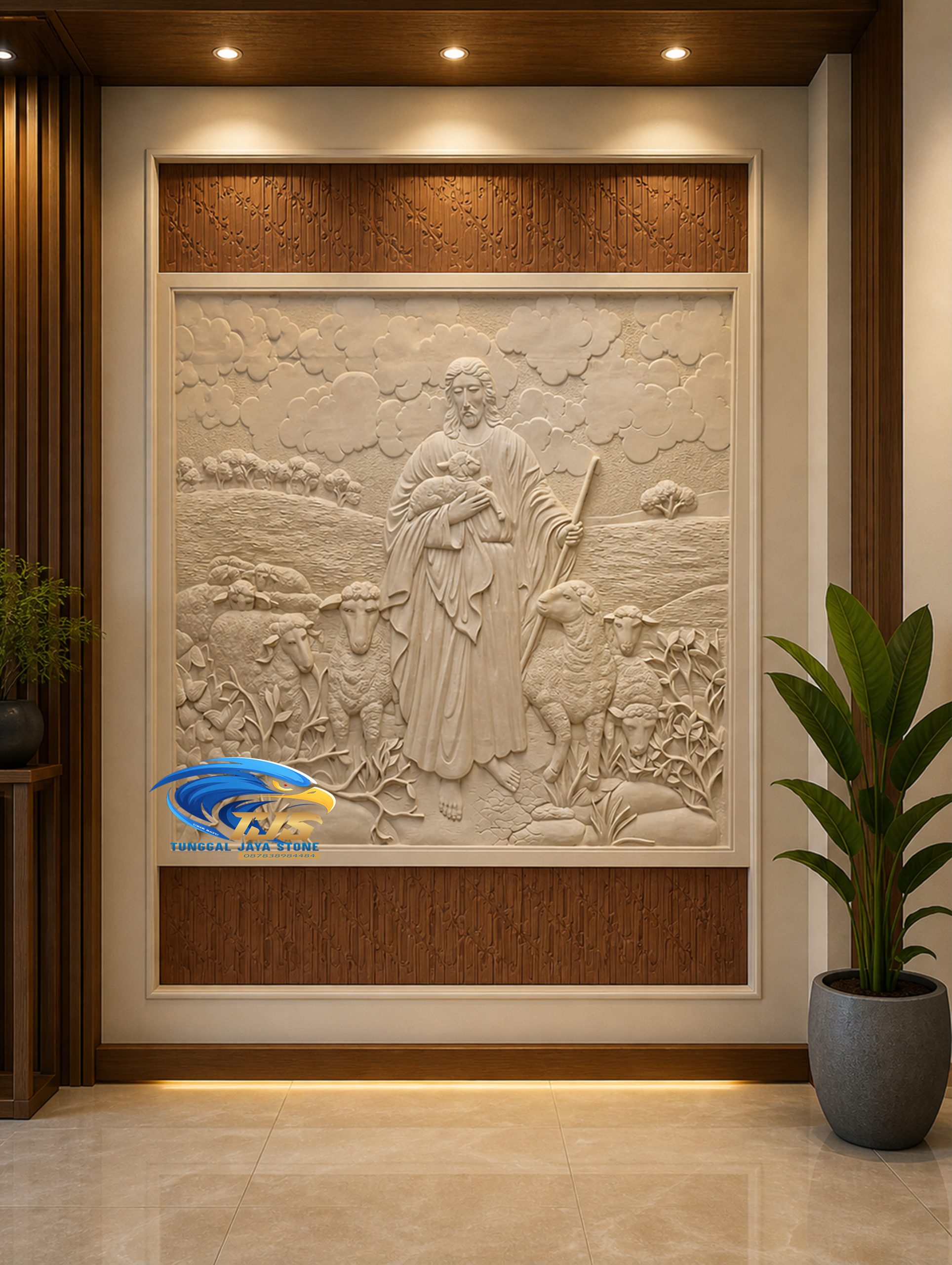Ukiran batu alam motif yesus mengembala domba