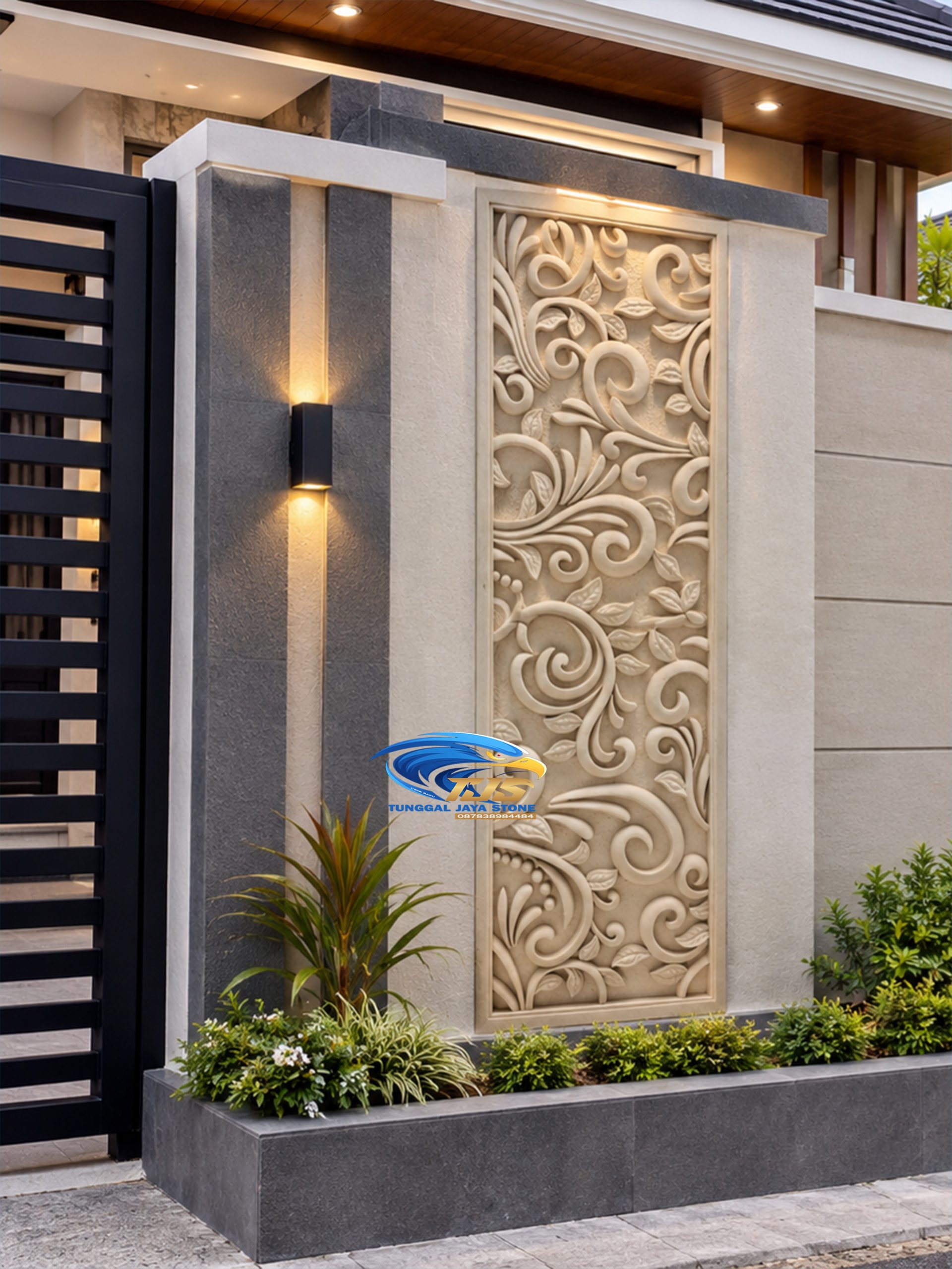 Ornamen batu alam motif klasik ukiran untuk hiasan dinding pagar rumah mewah