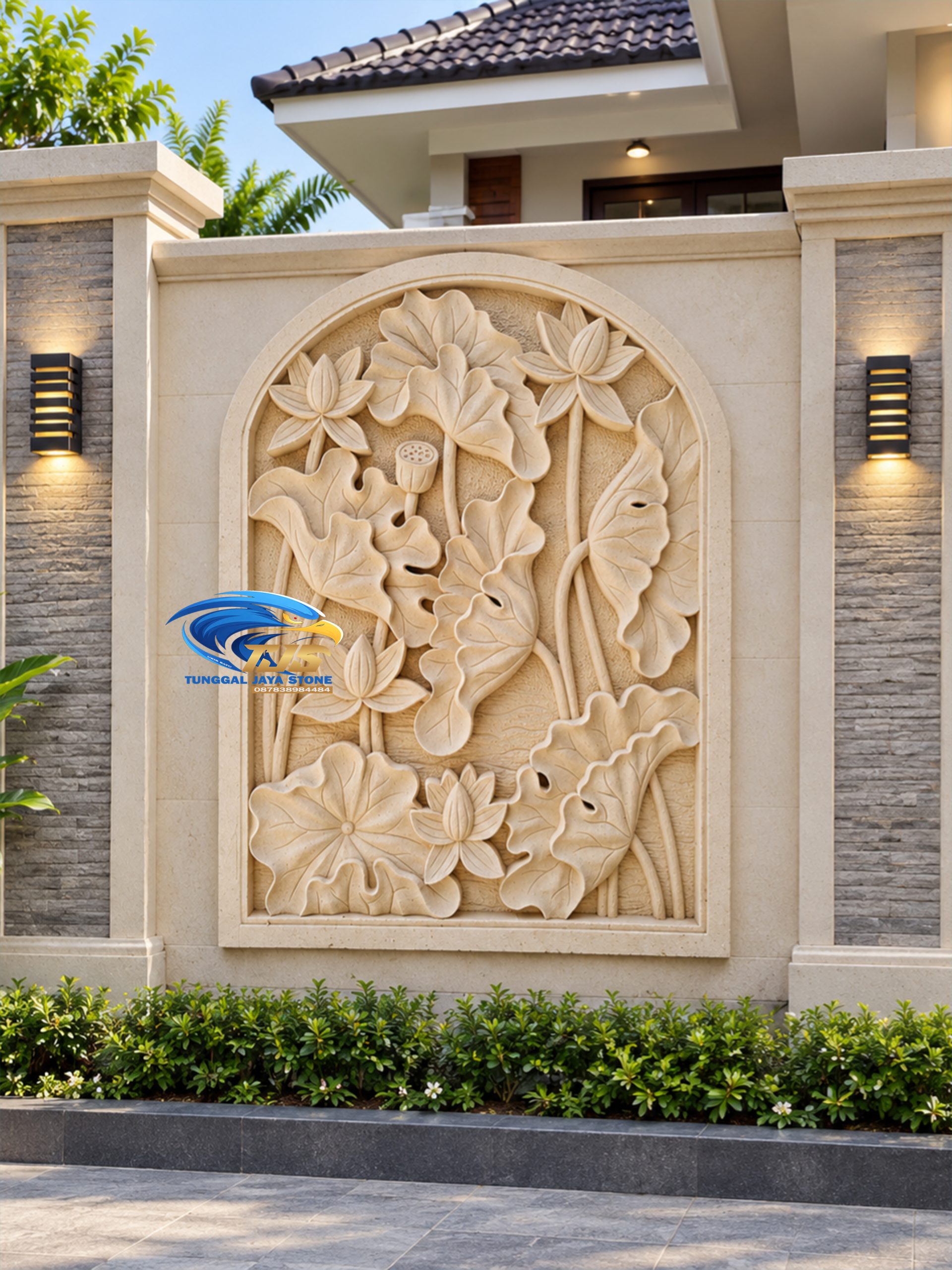 ornamen batu alam motif bunga teratai